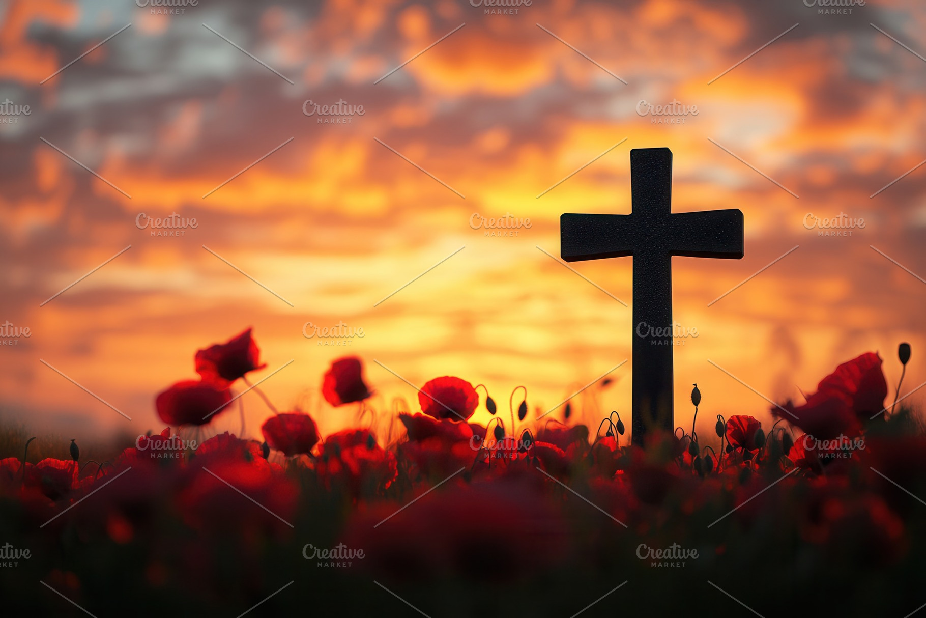 Cross silhouette among red poppies, a Photo by Pavel_design