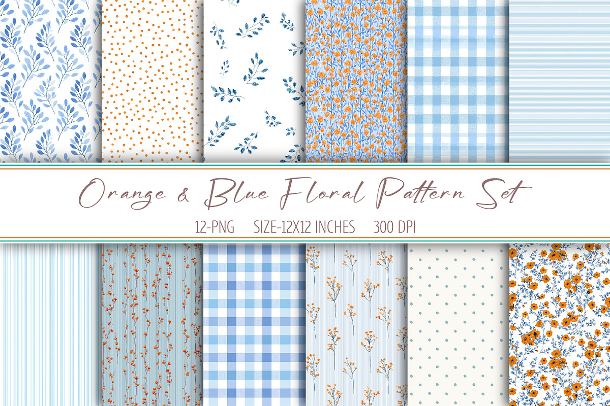 Orange & Blue Floral Pattern Set, a Pattern Graphic by Libby Wishes (Photo 1 of 5)