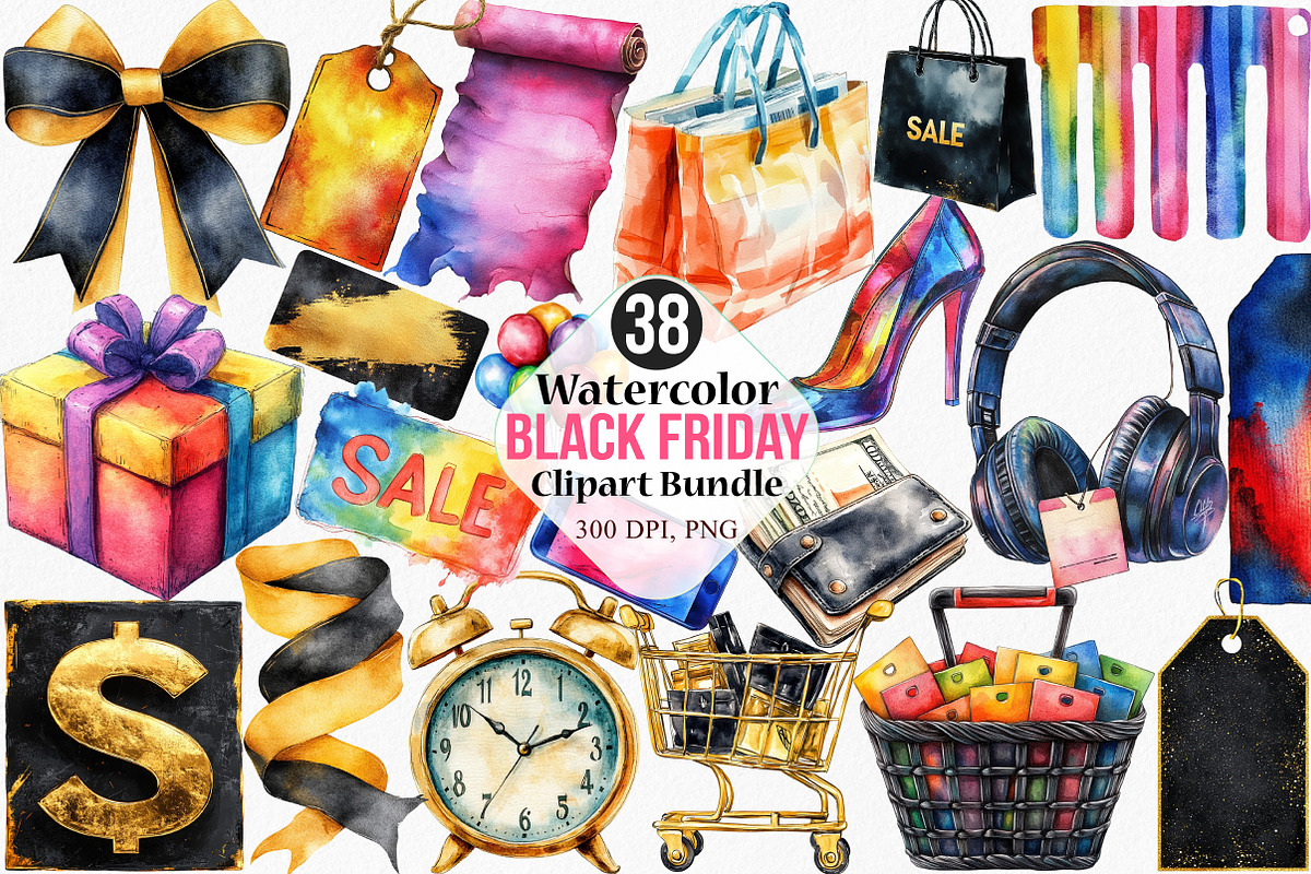Watercolor Black Friday Clipart, an Illustration by Canvas Craft (Photo 1 of 7)