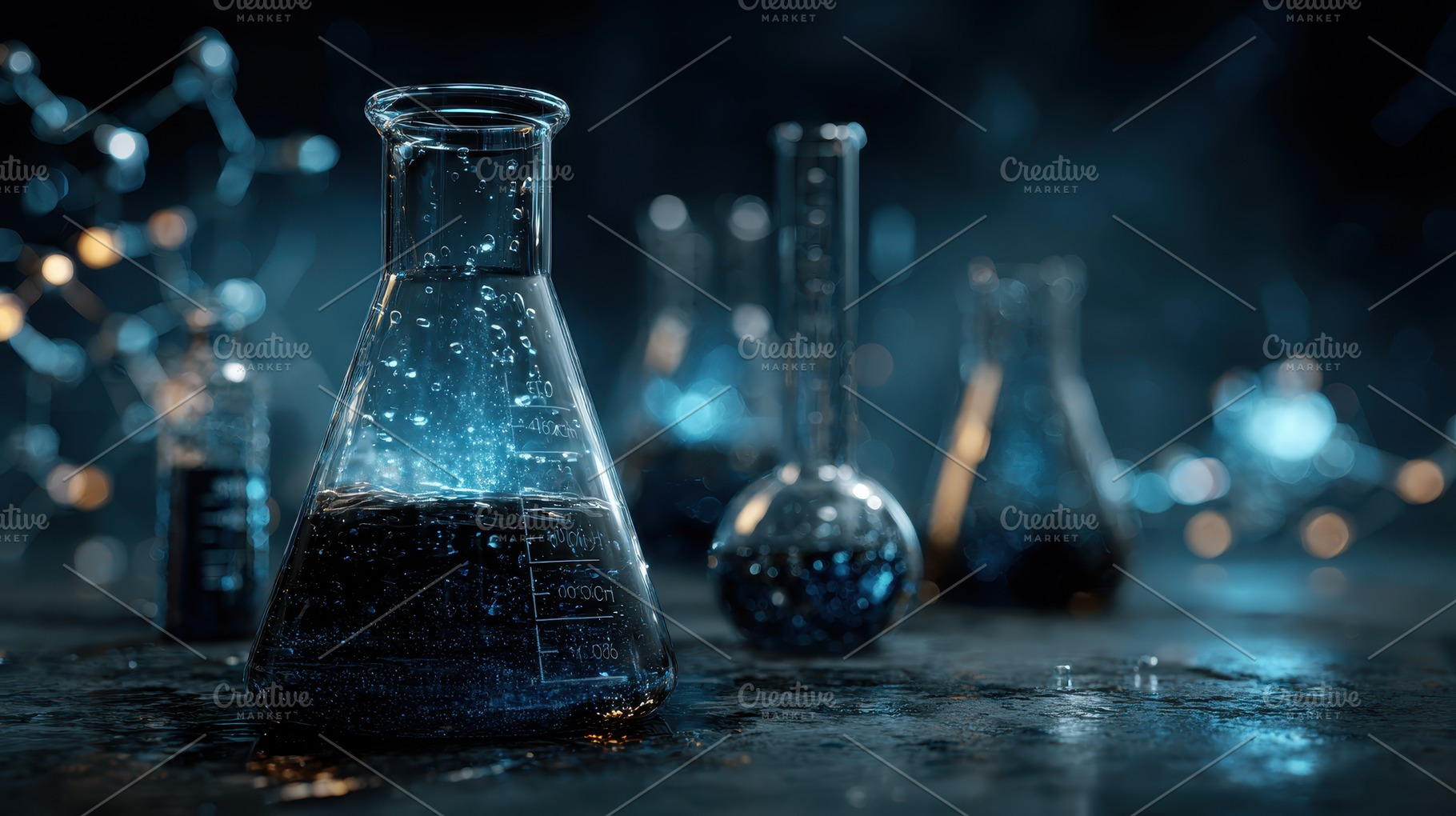 Science lab glassware dark blue liqu, a Photo by Pixeness Studio