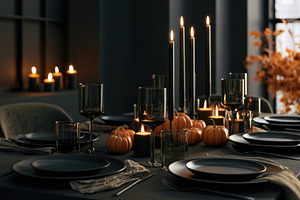 Elegant Halloween dinner table with black candles and pumpkins