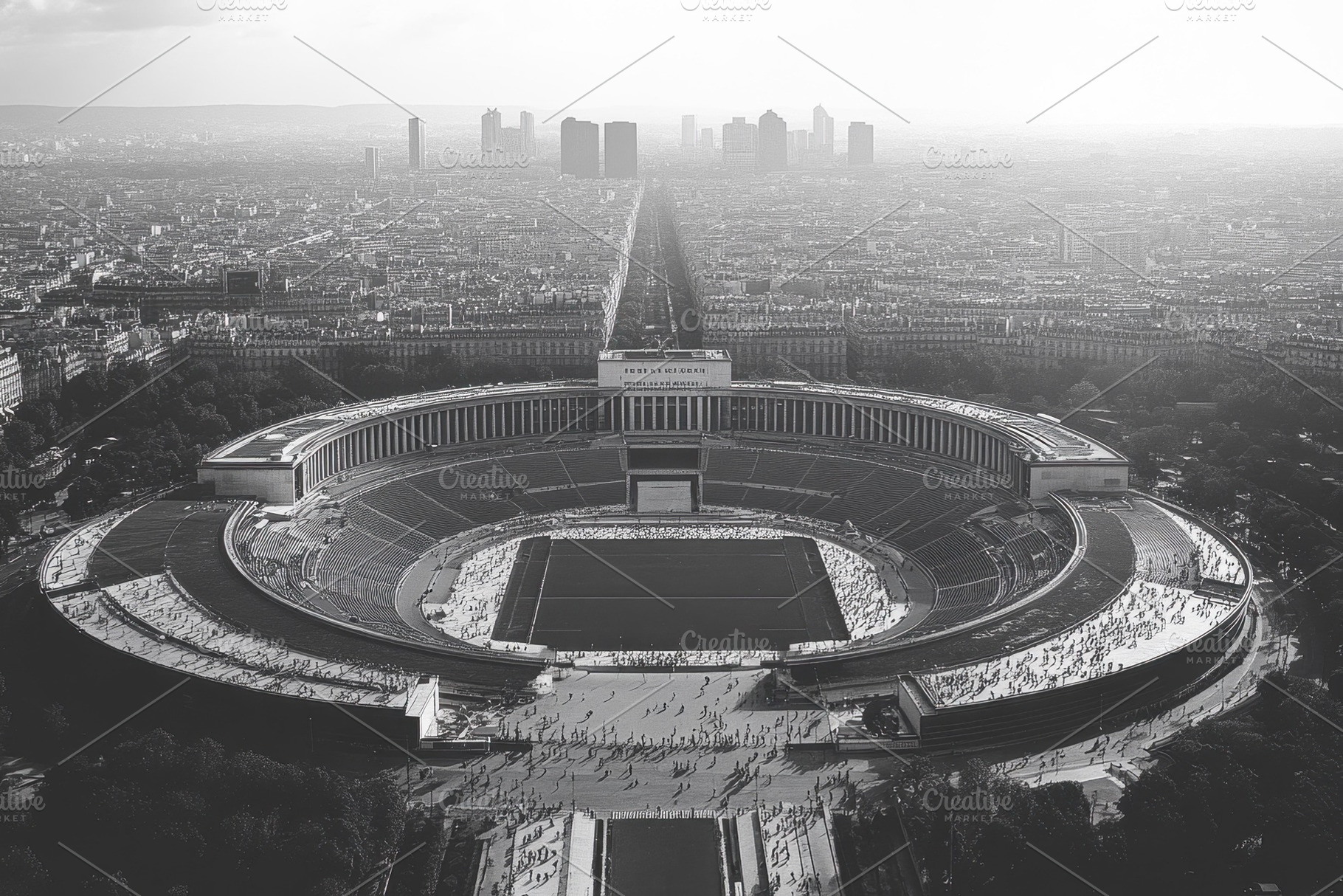 Large stadium in an urban area surro, a Photo by Tanuart