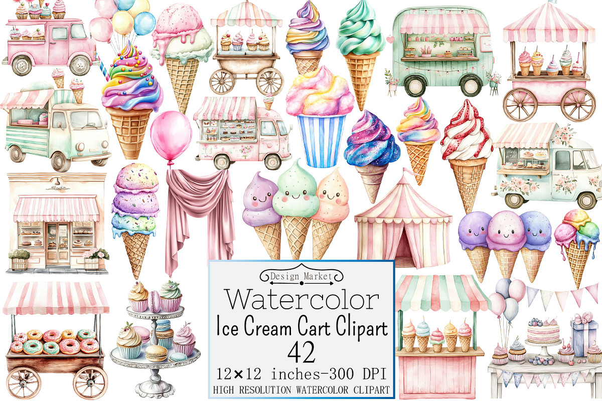 Watercolor Ice Cream Cart Clipart, a Seasonal Illustration by Design Market (Photo 1 of 4)