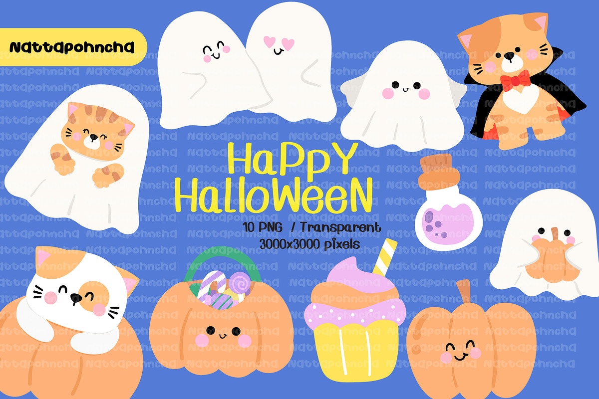 Cute Halloween Cat and Ghost Clipart, an Illustration by Nattapohncha (Photo 1 of 4)