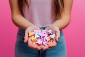 Woman holding in hands colorful paper hearts for Valentine's Day, a Photo by AlyaAnd