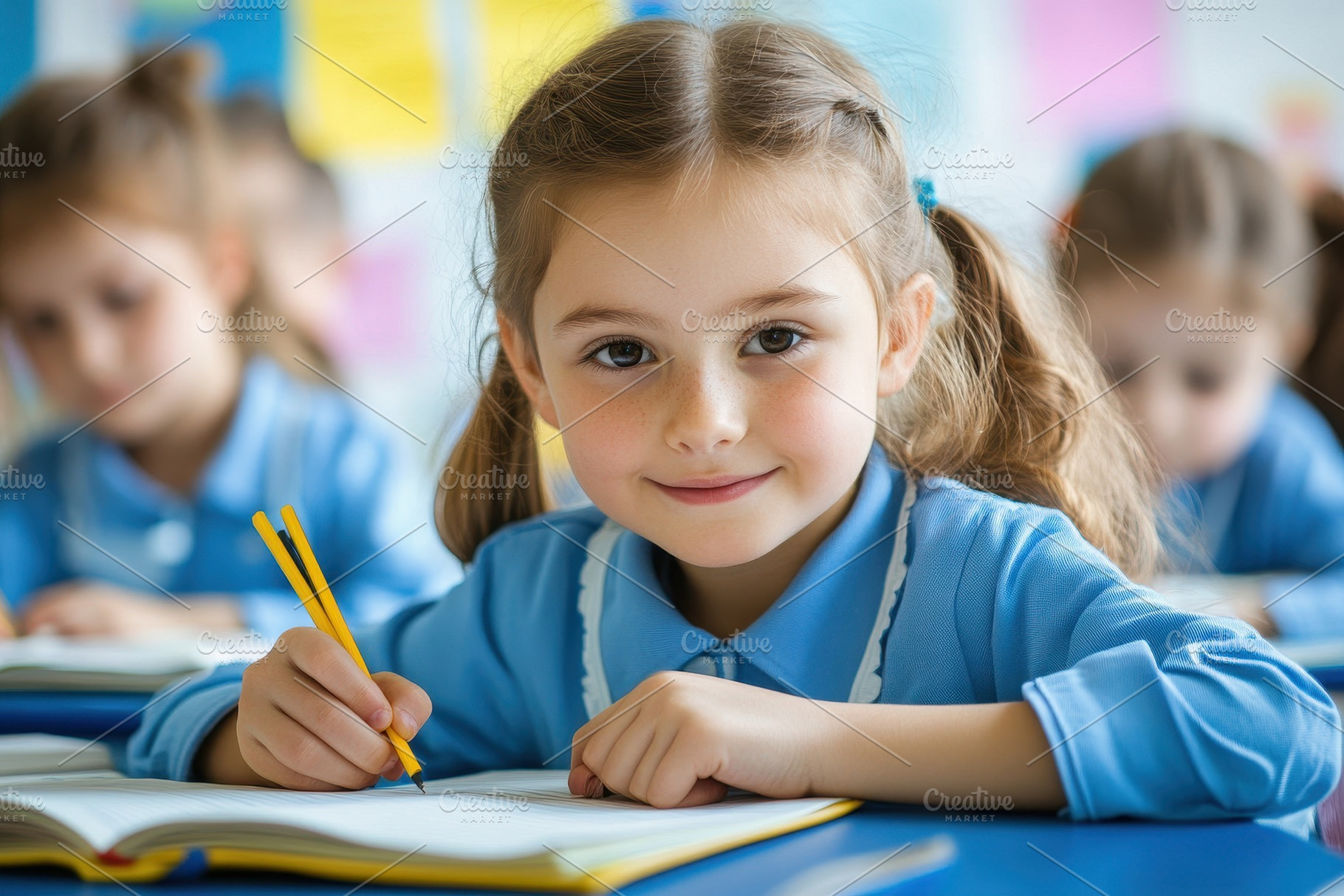 Elementary students in blue uniforms, a Photo by Pavel_design
