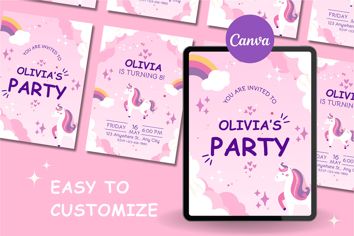 Unicorn Birthday Party Invitation, a Design Template by TemplateCastleStore (Photo 3 of 5)