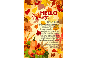 Hello Autumn Banner With Orange Leaf And Pumpkin