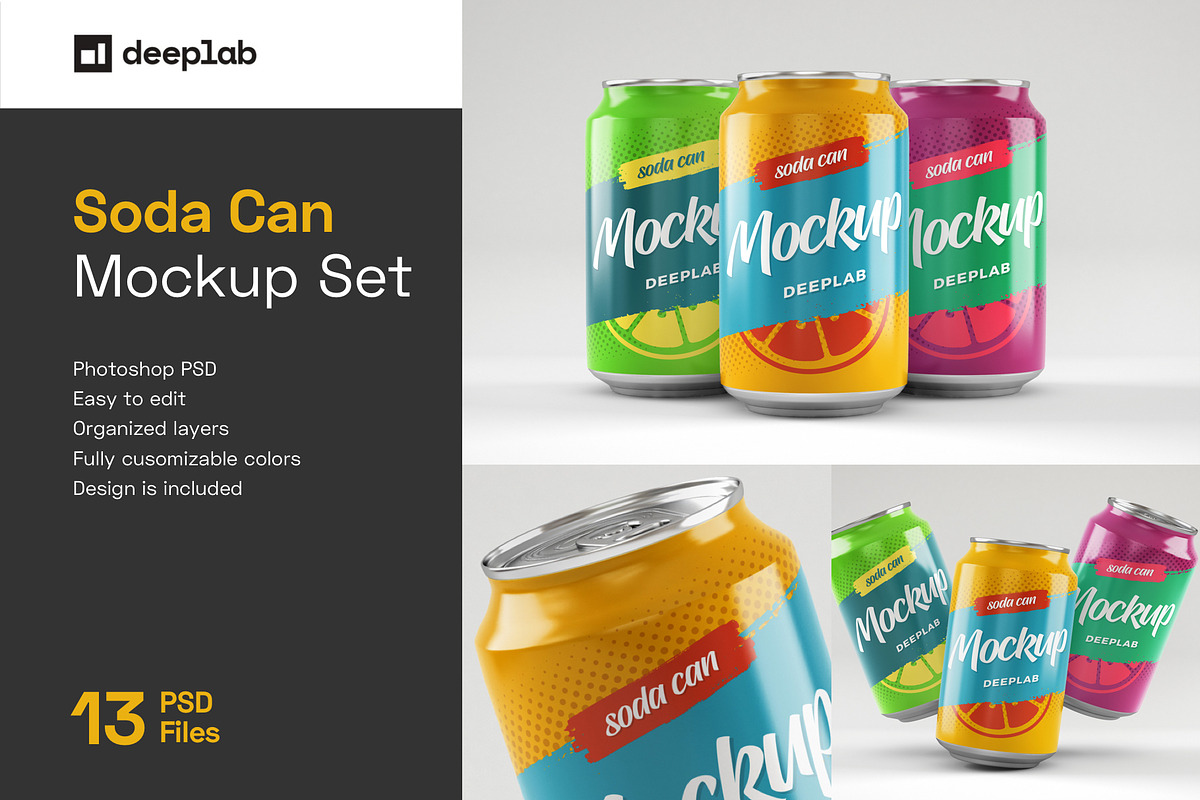 Soda Can Mockup Set, a Packaging Mockup by Deeplab (Photo 1 of 17)