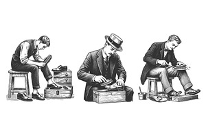 Shoe Shining engraving set vector, a Person Illustration by AlexArt