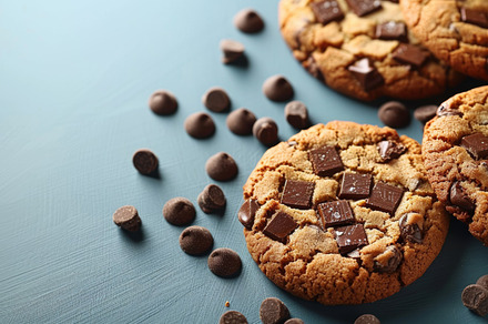 Delicious chocolate chunk cookies on a vibrant blue background, a Photo by AS photostudio