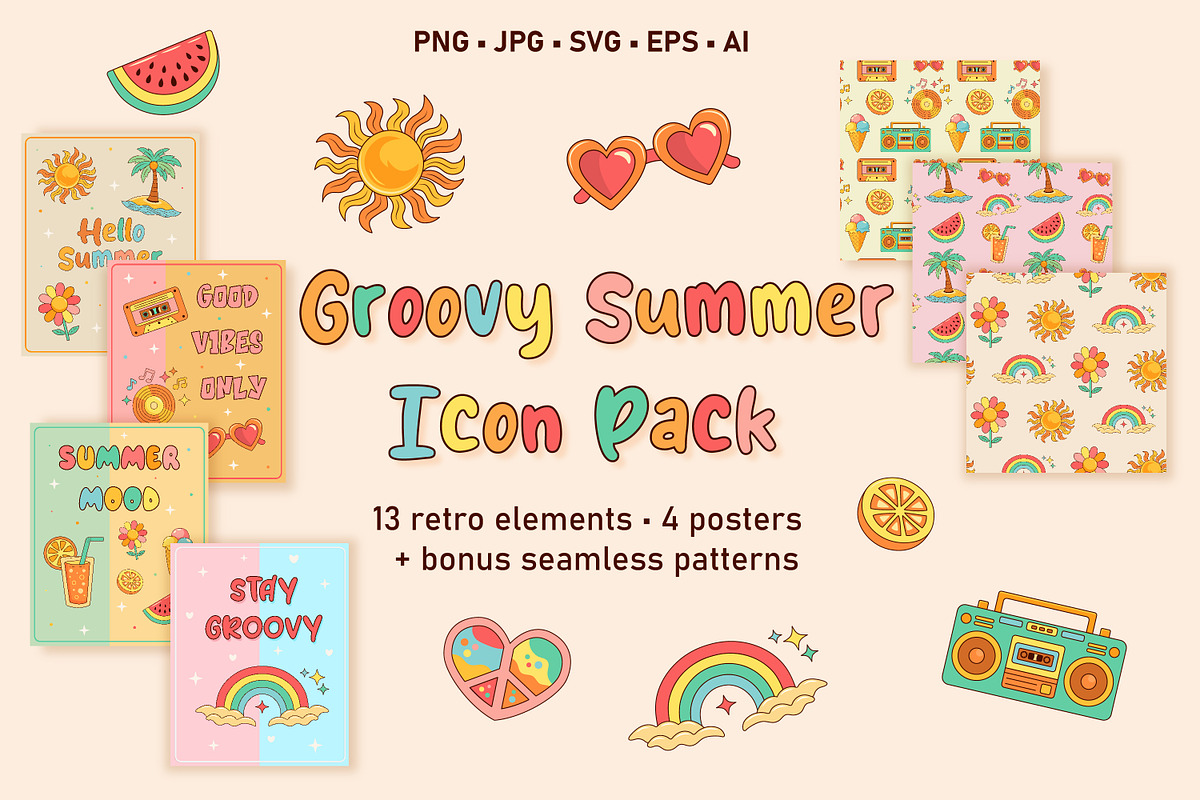 Groovy Summer Icon Pack, an Illustration by JulyGart (Photo 1 of 5)