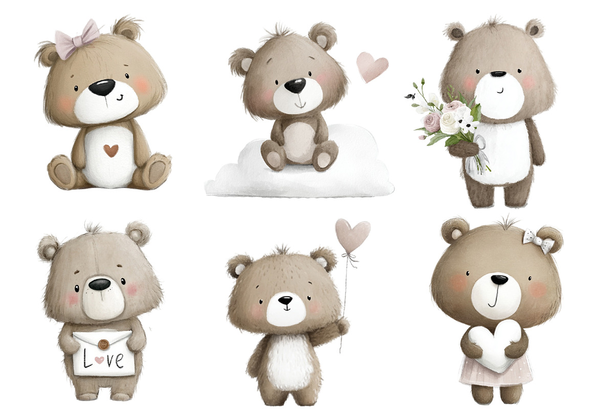 Watercolor Valentine Teddy Bears, an Illustration by Designworld (Photo 2 of 6)