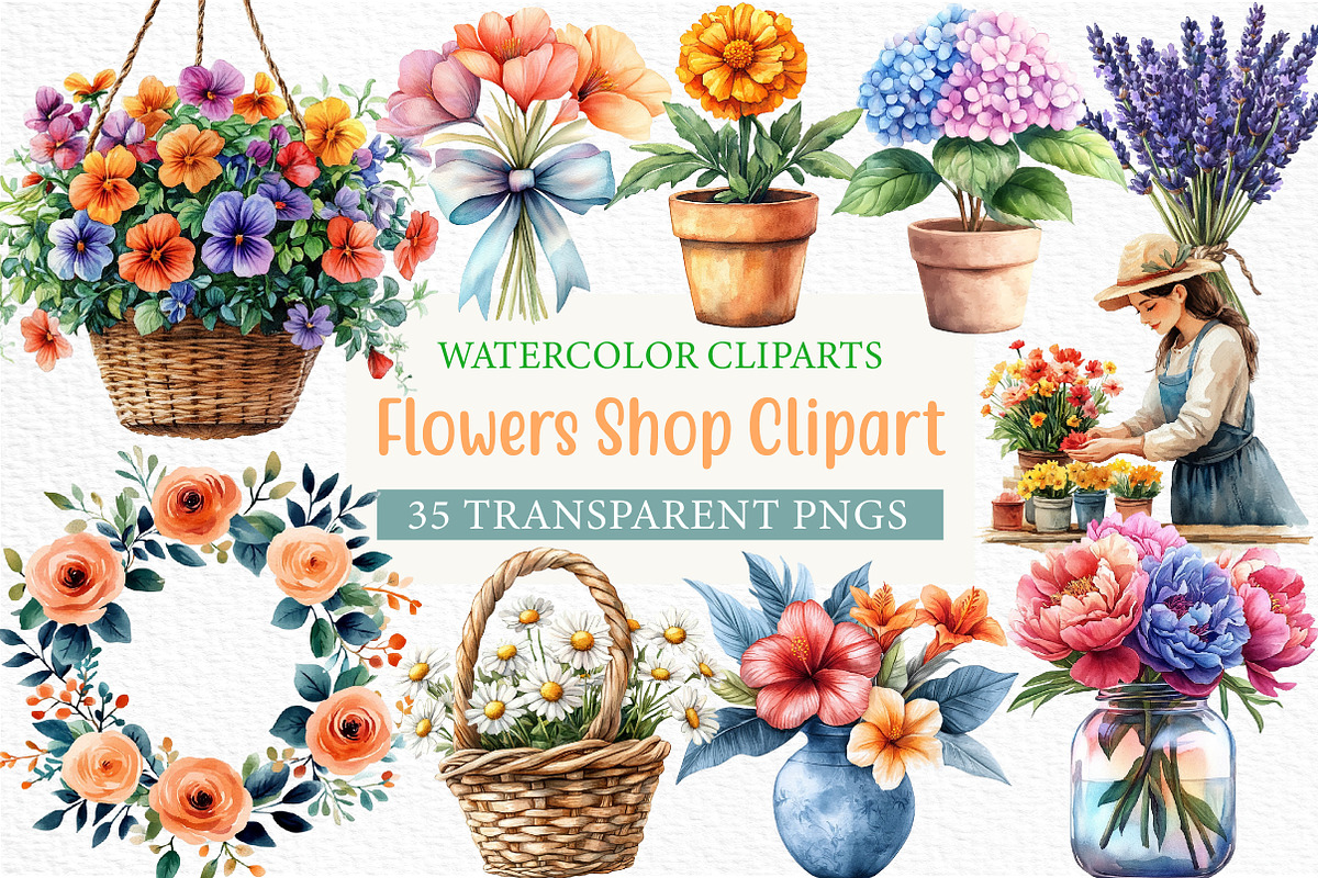 Watercolor Flowers Shop Clipart, an Illustration by Craft Nest (Photo 1 of 7)