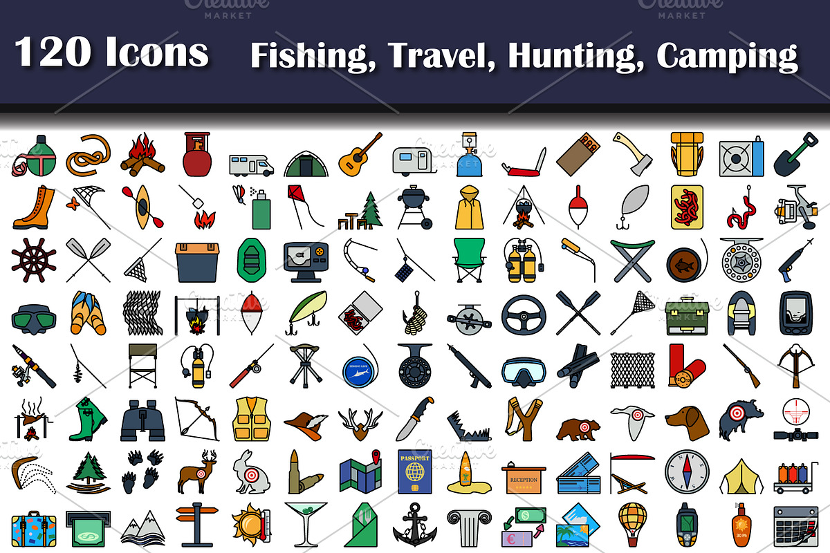 Set Of 120 Icons Fishing, Travel, Hu, an Outline Icon by Pavel Vectors