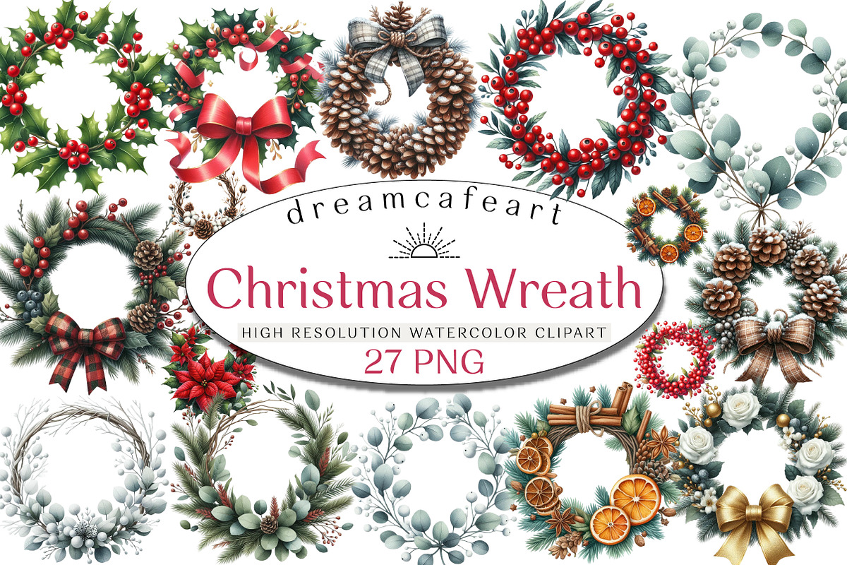 Christmas Wreath Clipart, an Illustration by DreamCafeArt (Photo 1 of 5)