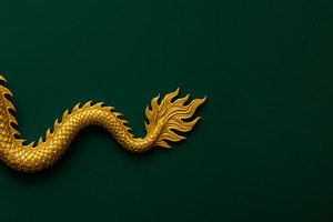 Golden dragon tail against dark gree, a Photo by Dvoevnore photos