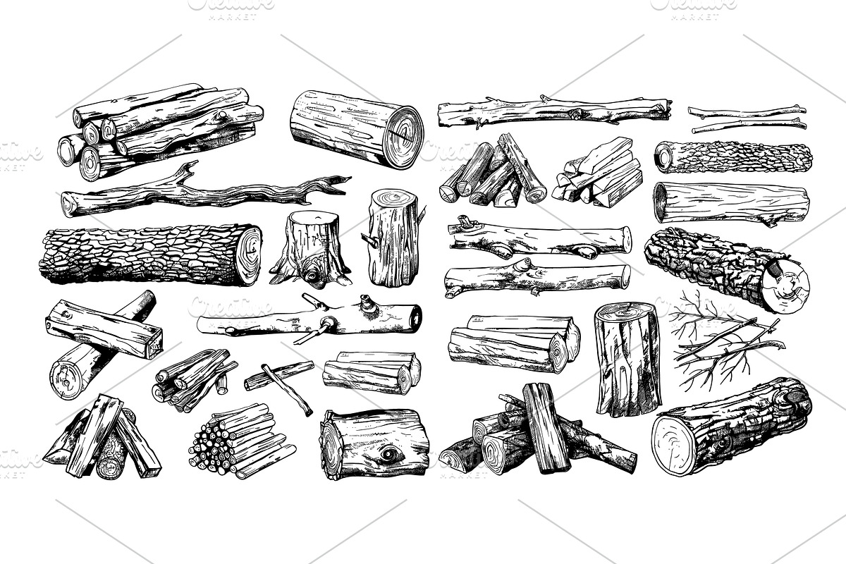 Firewood pile ink sketch vector set, an Object Illustration by Onyx