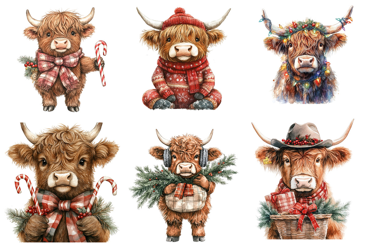 Christmas Highland Cow Clipart, an Illustration by SinaCreation (Photo 5 of 7)