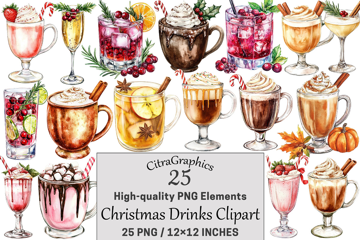 Christmas Drinks Watercolor Clipart, a Seasonal Illustration by CitraGraphics (Photo 1 of 6)