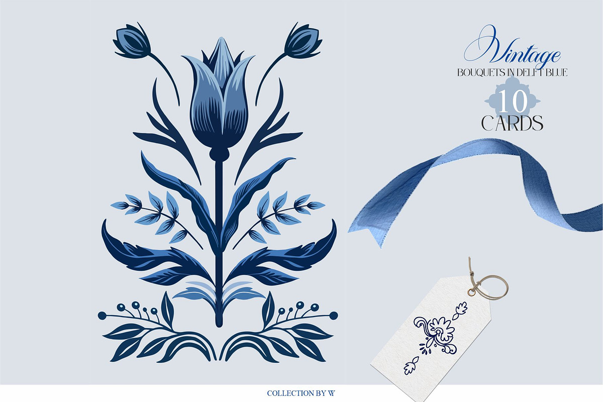 Vintage Bouquets In Delft Blue, a Decorative Illustration by Collection by VY (Photo 11 of 12)