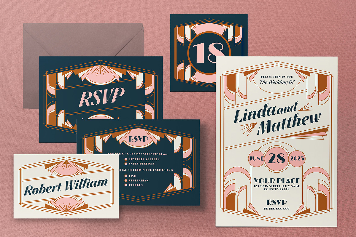 Art Deco Wedding Invitation Set, an Invitation Template by graphicook (Photo 3 of 3)