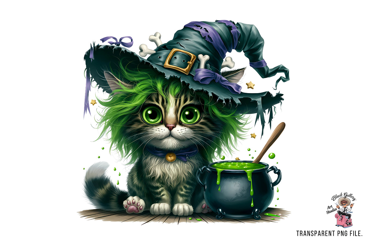 Witch Cat Clipart PNG Bundle, an Illustration by Clipart Bloom (Photo 2 of 14)