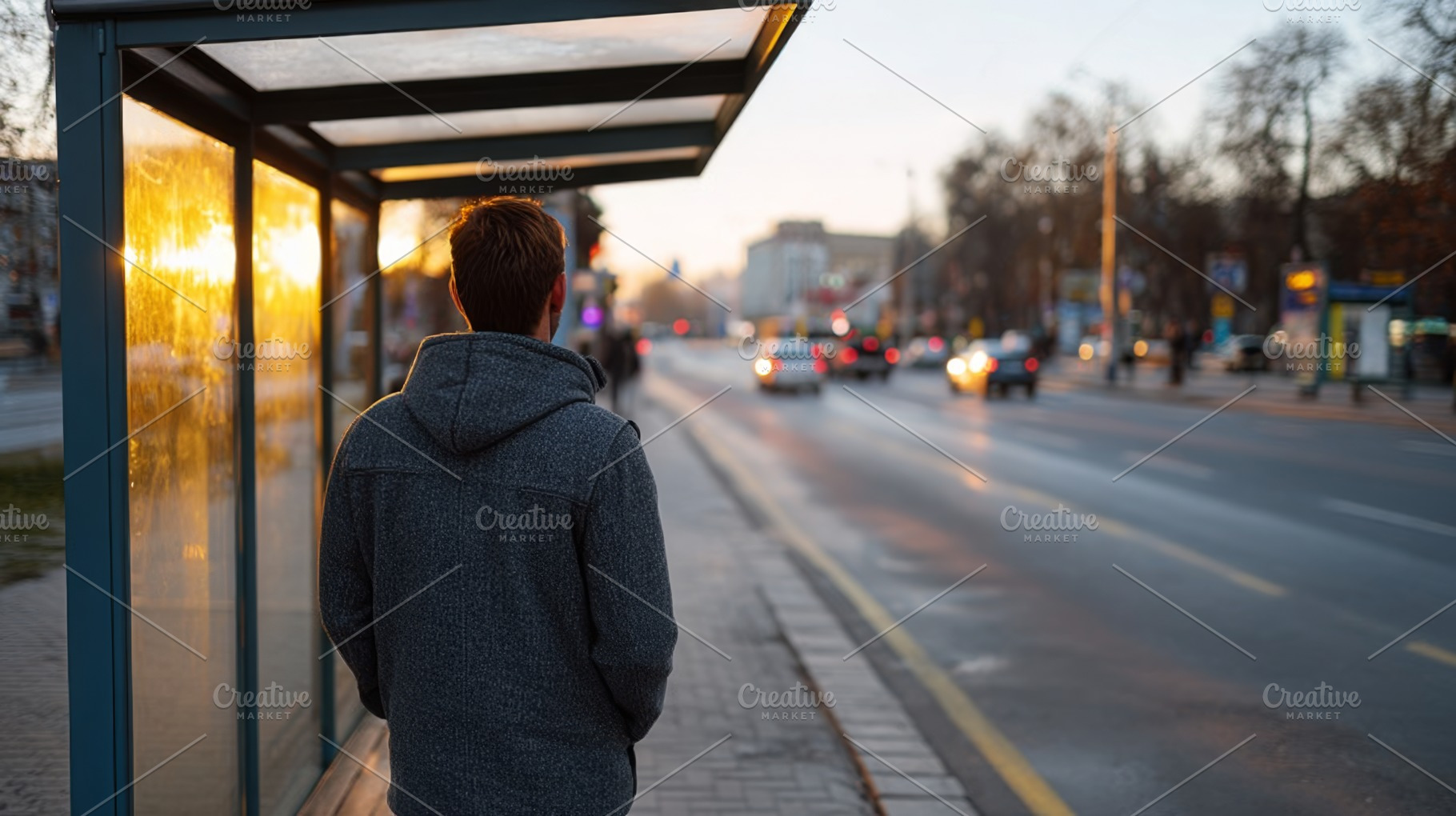 A young man waits at a bus stop during sunset, casting a warm glow over the urb, a Person Photo by ImageMir