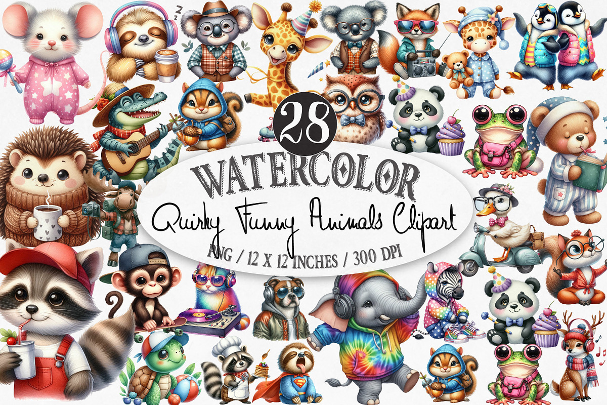 Watercolor Quirky Funny Animals PNG, an Illustration by Designking (Photo 1 of 4)