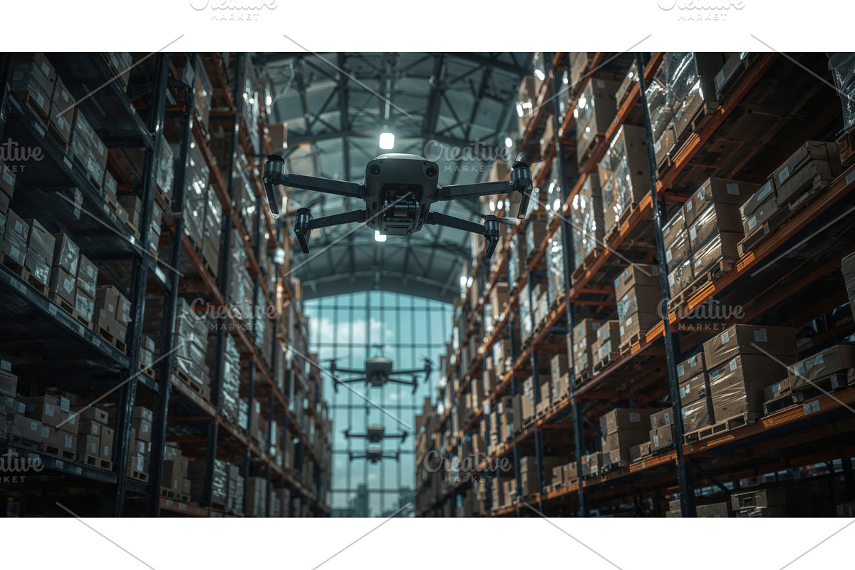 Drone flying in a modern warehouse, an Illustration by tilialucida