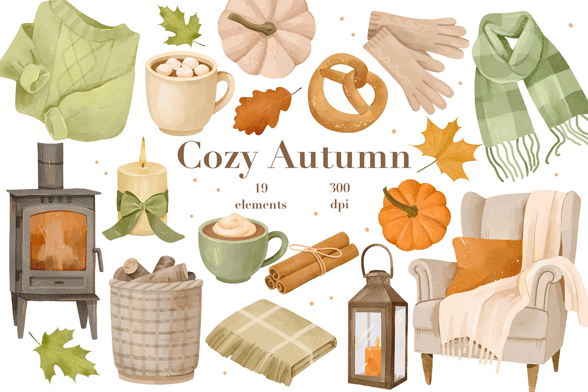 Watercolor Cozy Autumn Clipart, a Seasonal Illustration by ArtGiftsStudio (Photo 1 of 4)