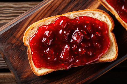 Toasted bread with sweet jam on wooden background, a Food & Drink Photo by AlyaAnd