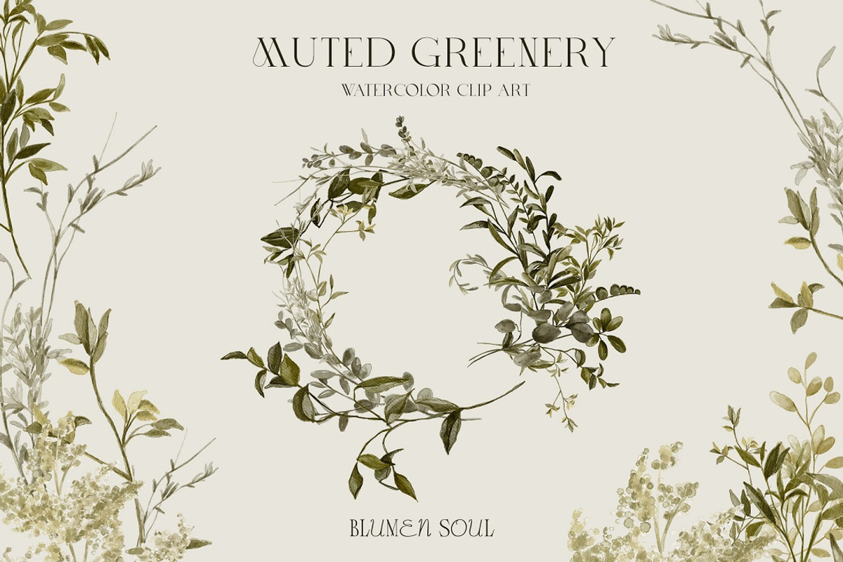 Muted Greenery Watercolor Clipart, an Illustration by BlumenSoul (Photo 1 of 10)