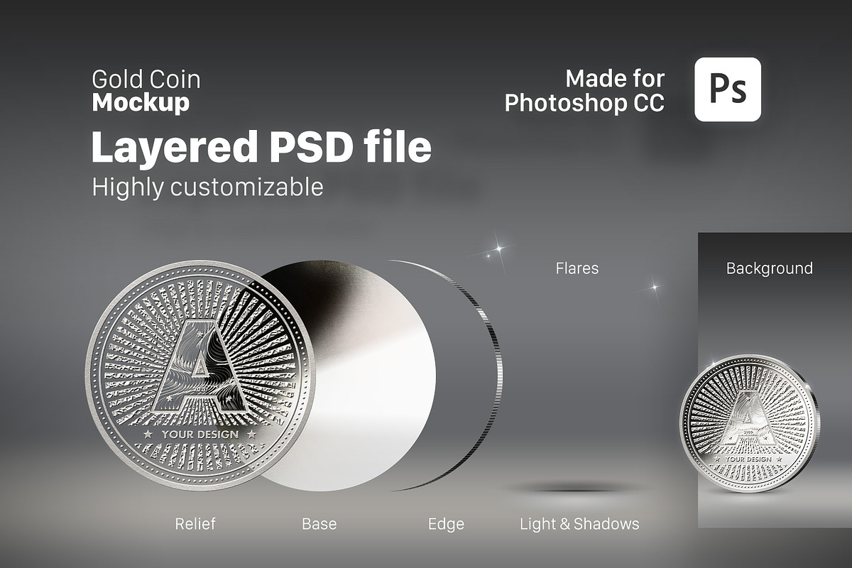 Sliver Coin Mockup for Photoshop CC, a Product Mockup by FEINGOLD (Photo 3 of 5)