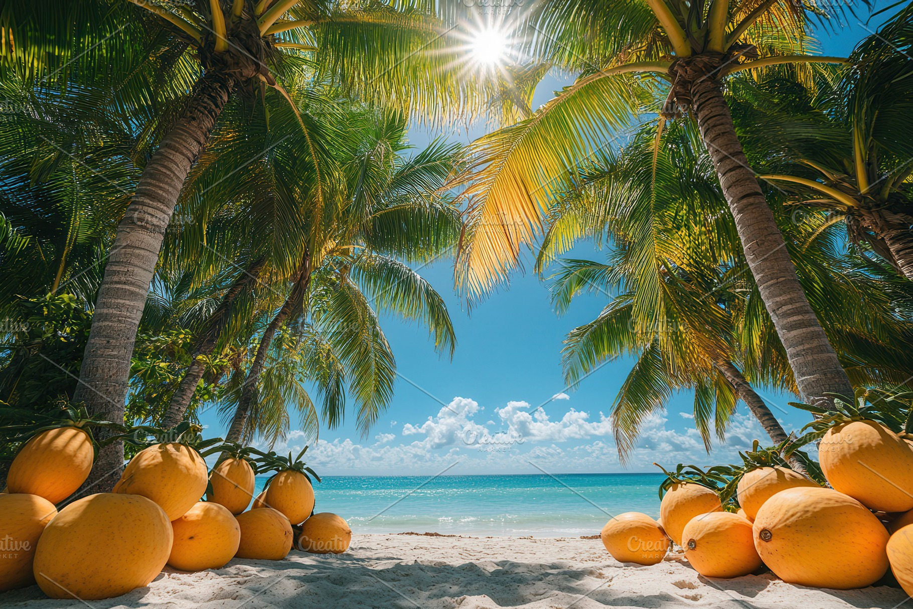 Sunlight streams through palm trees, a Photo by Tanuart