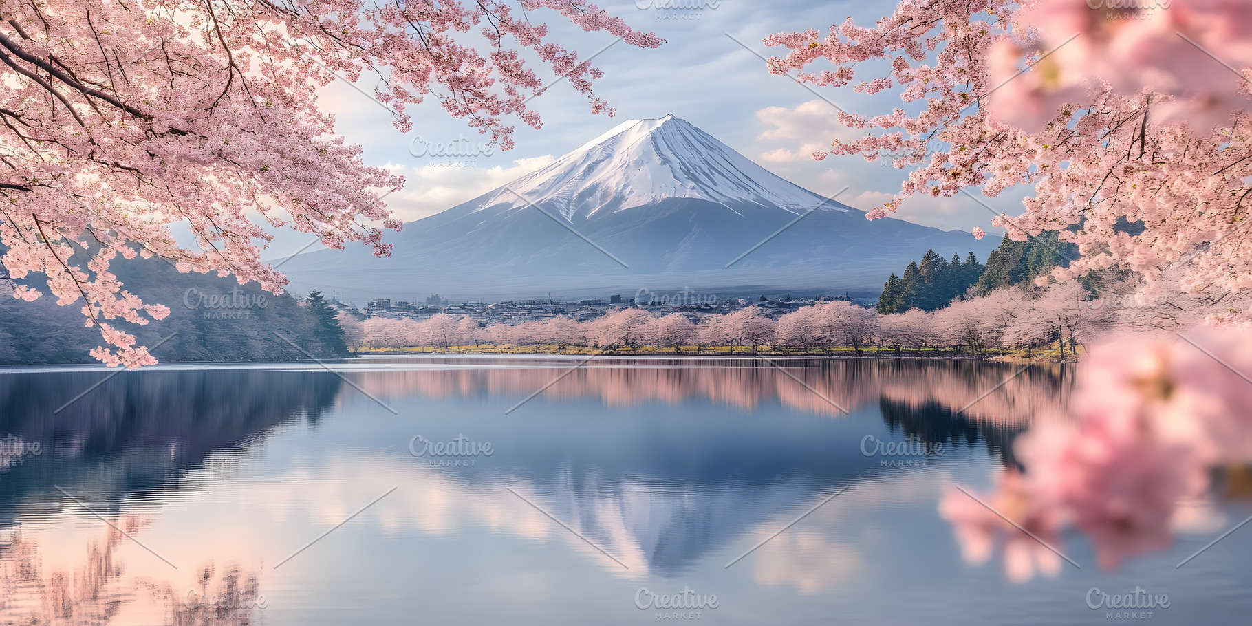 Mount Fuji and cherry blossoms refle, an Architecture Photo by Photostock