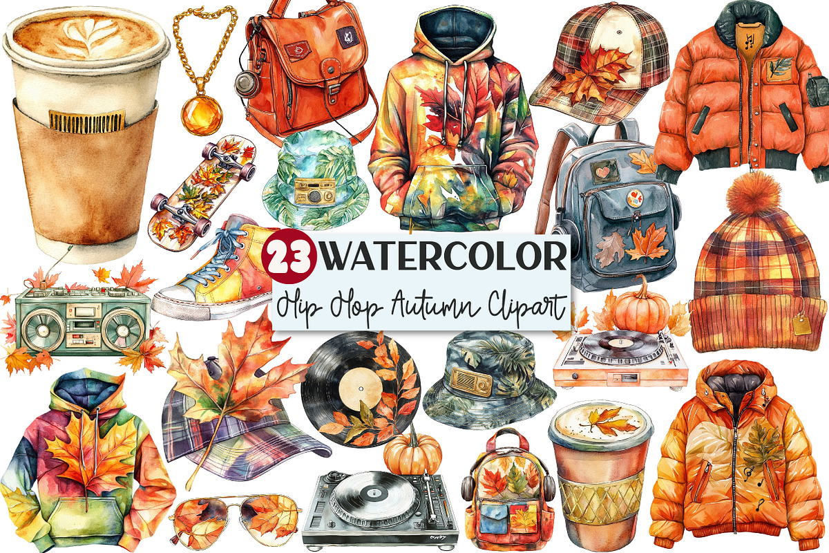 Watercolor Hip Hop Autumn Clipart, an Illustration by Rose Art (Photo 1 of 7)