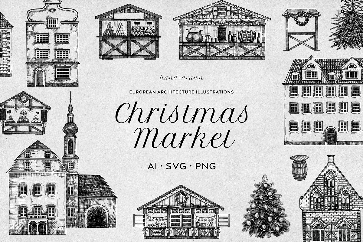 Christmas Market Architecture Set, a Seasonal Illustration by Yevheniia (Photo 1 of 10)