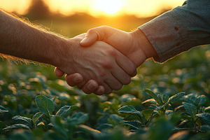 Two people shaking hands in an agricultural field at sunset symb, a Nature Photo by José Manuel Gelpi
