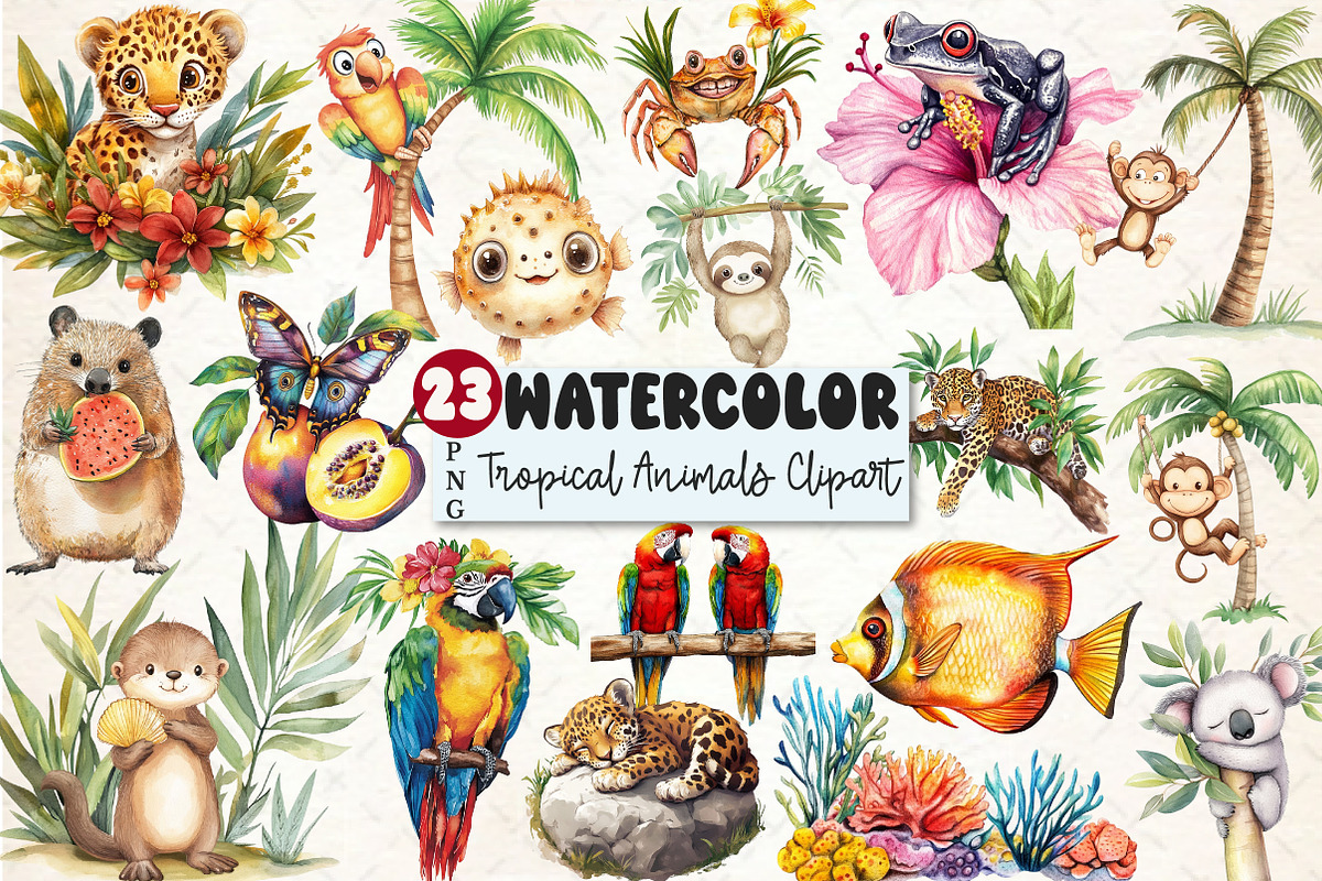 Watercolor Tropical Animals Clipart, a Seasonal Illustration by Rose Art (Photo 1 of 4)