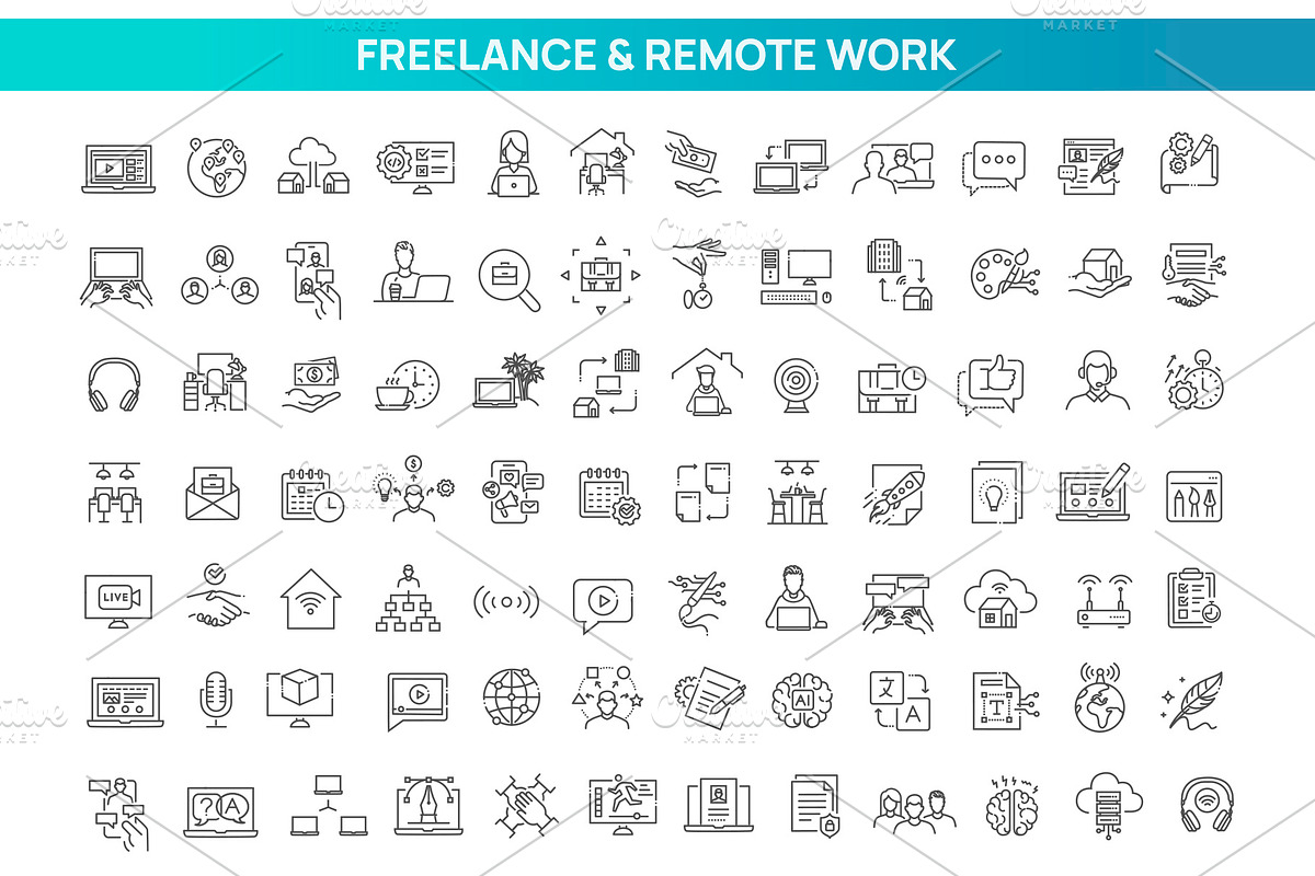 Freelance and Remote Work Icon Set, an Outline Icon by Tettygreen (Photo 1 of 2)
