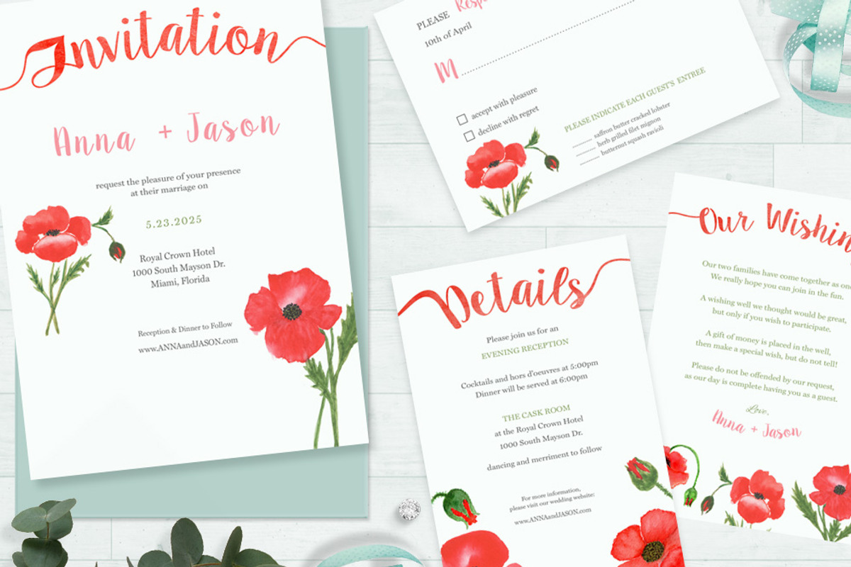 Poppy Flower Watercolor Wedding Set, an Invitation Template by Love Design (Photo 3 of 14)