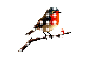 Robin Bird on a branch, pixel dotted, an Animal Illustration by Pray Art Design Studio