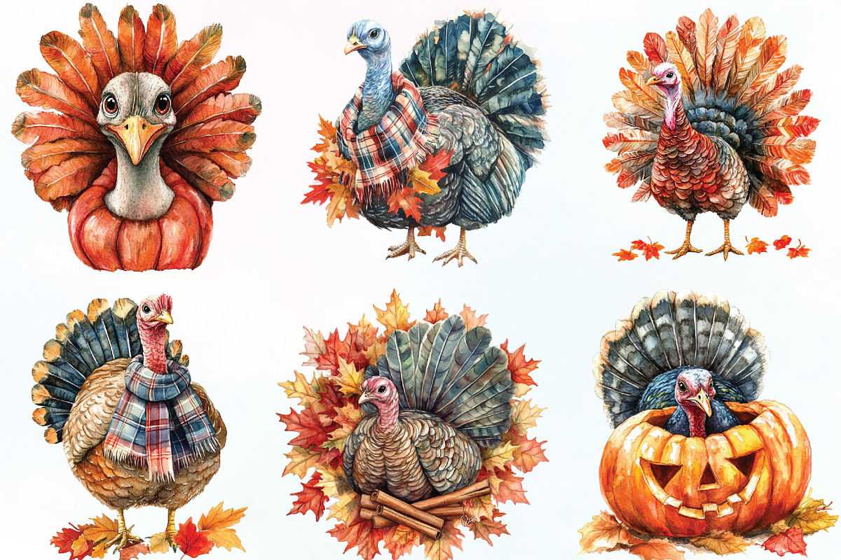 Watercolor Autumn Turkey Clipart, an Illustration by CraftArtStudio (Photo 2 of 6)