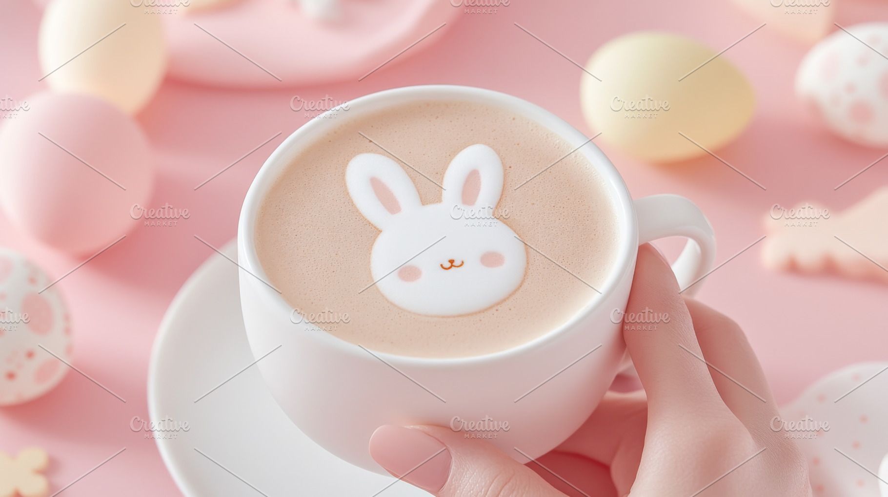 Easter-themed coffee latte art, a Photo by Dvoevnore photos