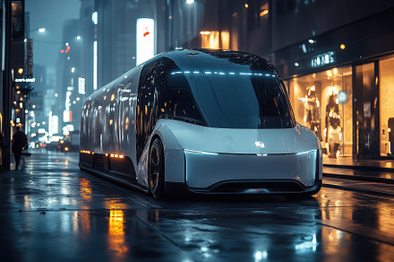 A futuristic electric vehicle parked on a city street at night, illuminated by, a Transportation Photo by Textures & Backgrounds
