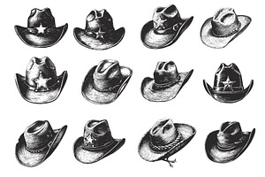 Engraving Cowboy Hat Set. Hand Drawn