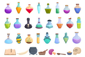 Magic elixir icons set cartoon, a Food Illustration by Ylivdesign