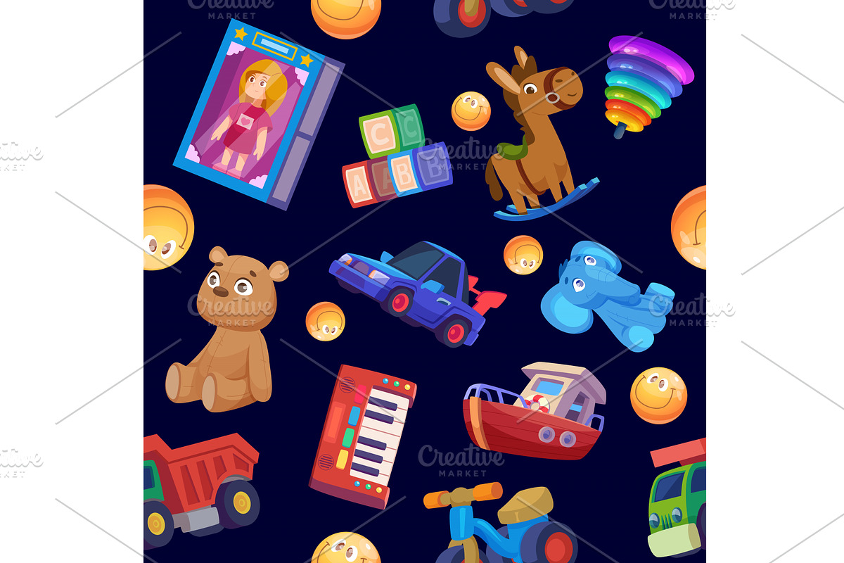 Toys patterns. seamless background, an Illustration by Onyx