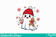 Cute Ghost Christmas PNG File, an Illustration by Watercolor design (Thumbnail 1 of 3)